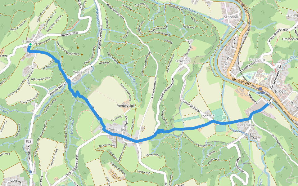 Brünggen – Rikon Brücke walking route map in Illnau-Effretikon