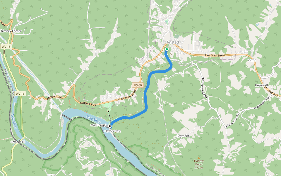 Hawk's Nest Rail Trail walking route map in Ansted