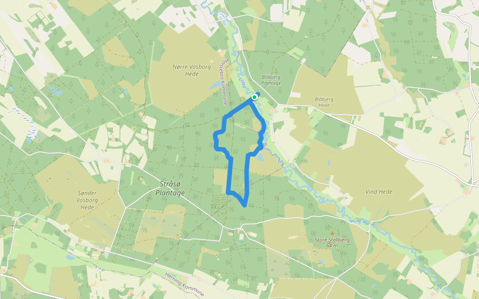 Stråsø Plantage rød rute walking route map in Holstebro