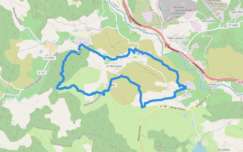 Le Cayroux walking route map in Le Puech