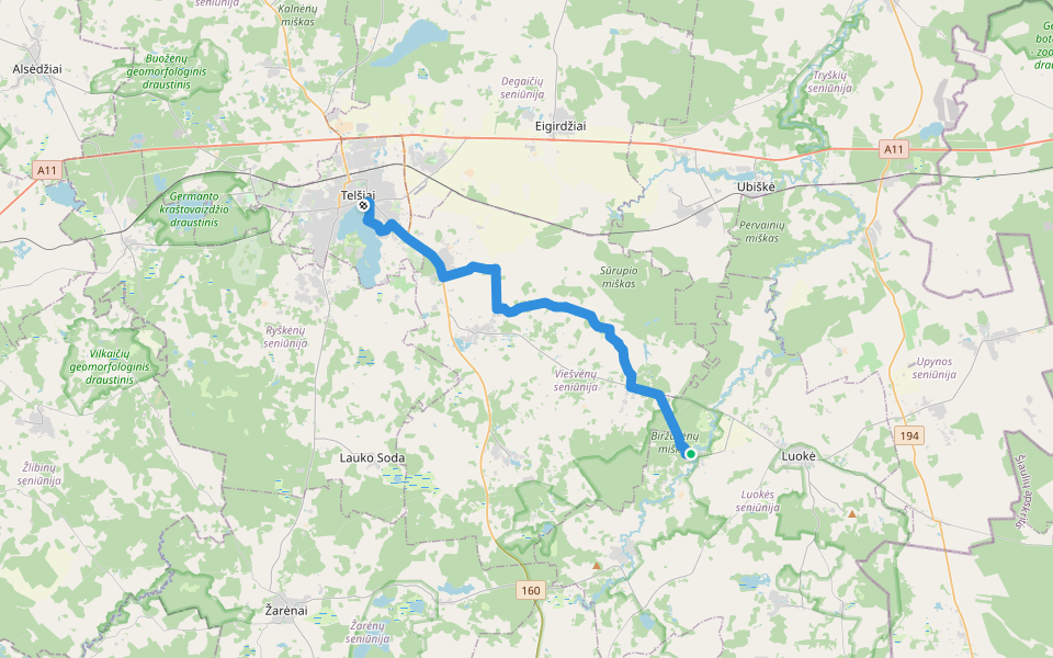 E11 section 78: Biržuvėnai – Telšiai walking route map in Biržuvėnai
