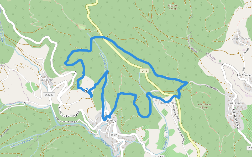 Les Orgues de Taussac walking route map in Taussac-la-Billière