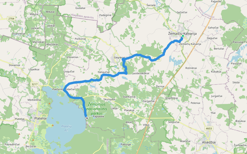 E11 section 82: Kalvarija – Paplatelė walking route map in Žemaičių Kalvarija