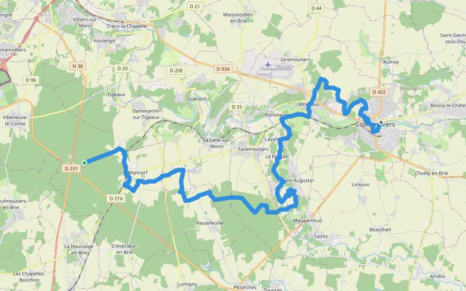 De Paris aux Ardennes Belges, Mortcerf - Coulommiers walking route map in Mortcerf