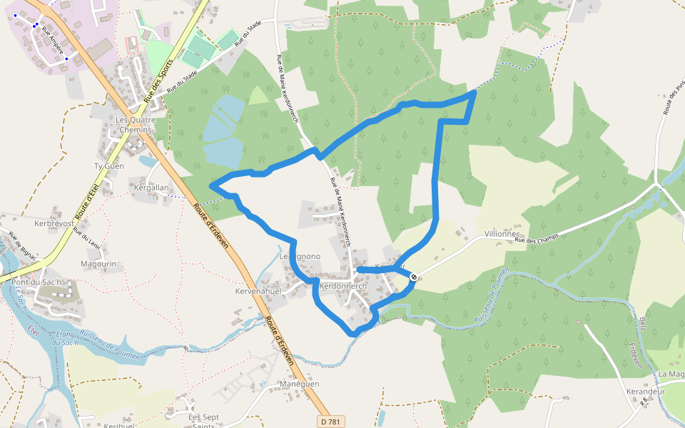 Boucle du Ouerch walking route map in Belz
