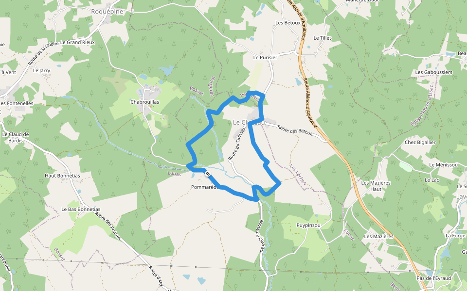 Boucle du Cluzeau walking route map in Lunas