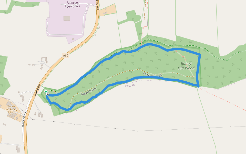 Bunny Old Wood Nature Trail walking route map in Bunny