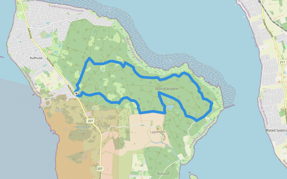 Kulhuse Nordskoven walking route map in Jægerspris