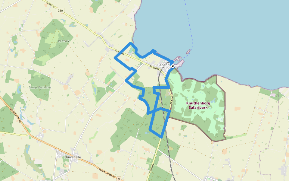 Sporet ved Merret Skov walking route map in Bandholm