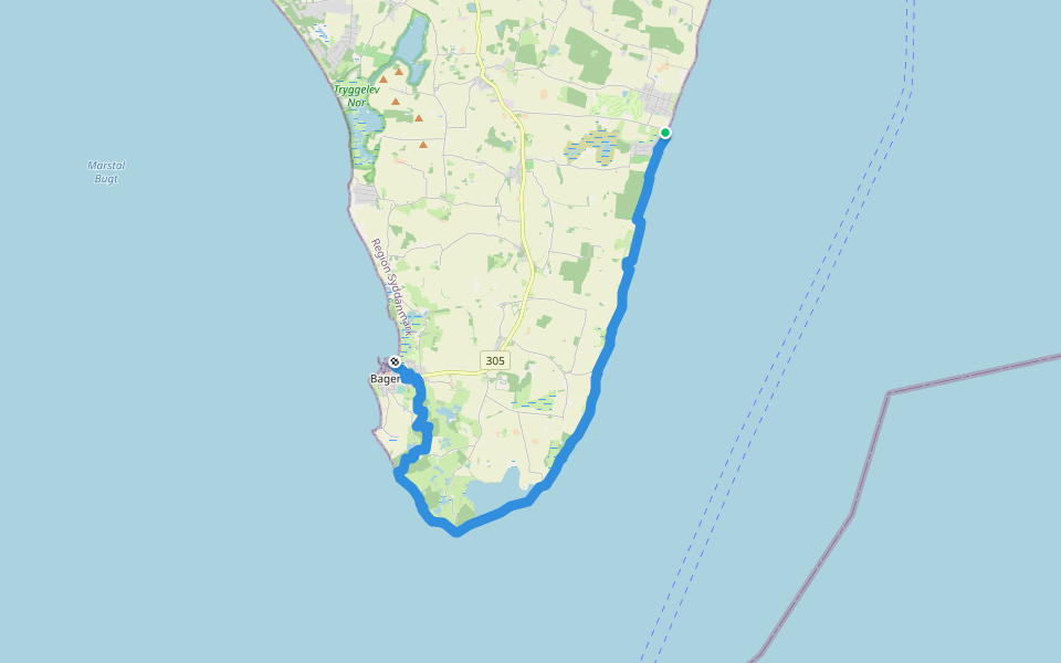 Bukkemose Strand - Bagenkop walking route map in Humble