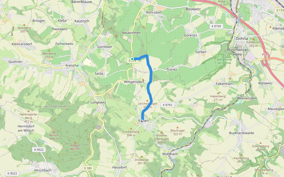 Kurweg Kreischa ef walking route map in Dohna