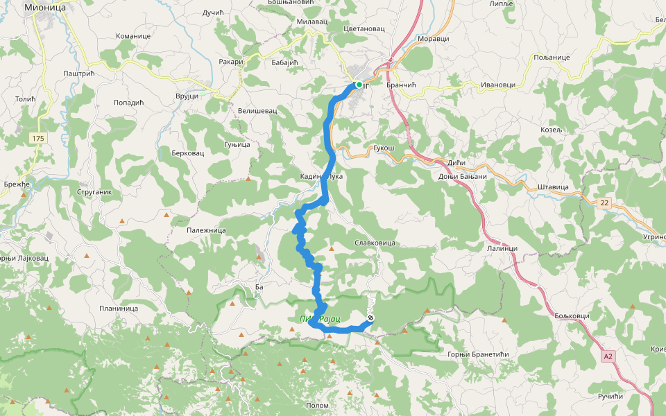 Љиг (центар) - Рајац (Чика Душков пл. дом) walking route map in Ljig