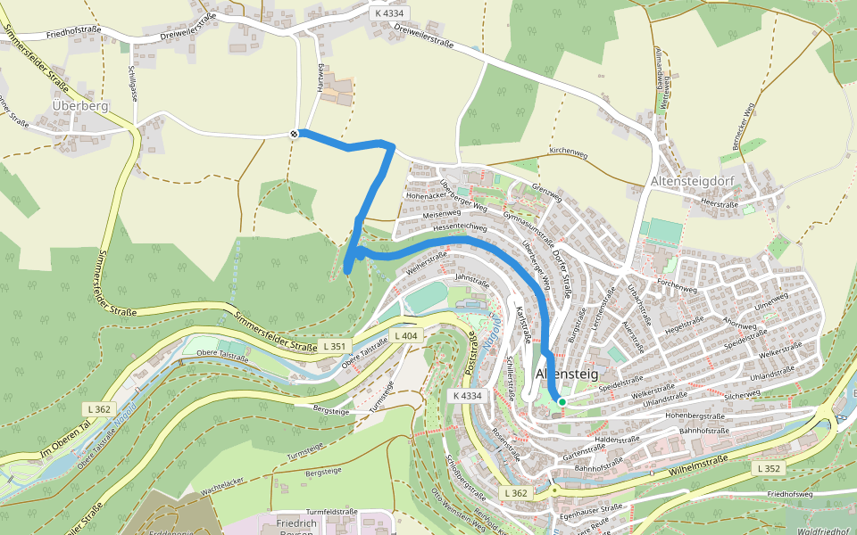 Altensteig Evangelische Stadtkirche - Überberger Kirchweg walking route map in Altensteig