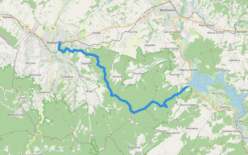 Andrychów - Groń Jana Pawła II - Świnna Poręba walking route map in Jaszczurowa