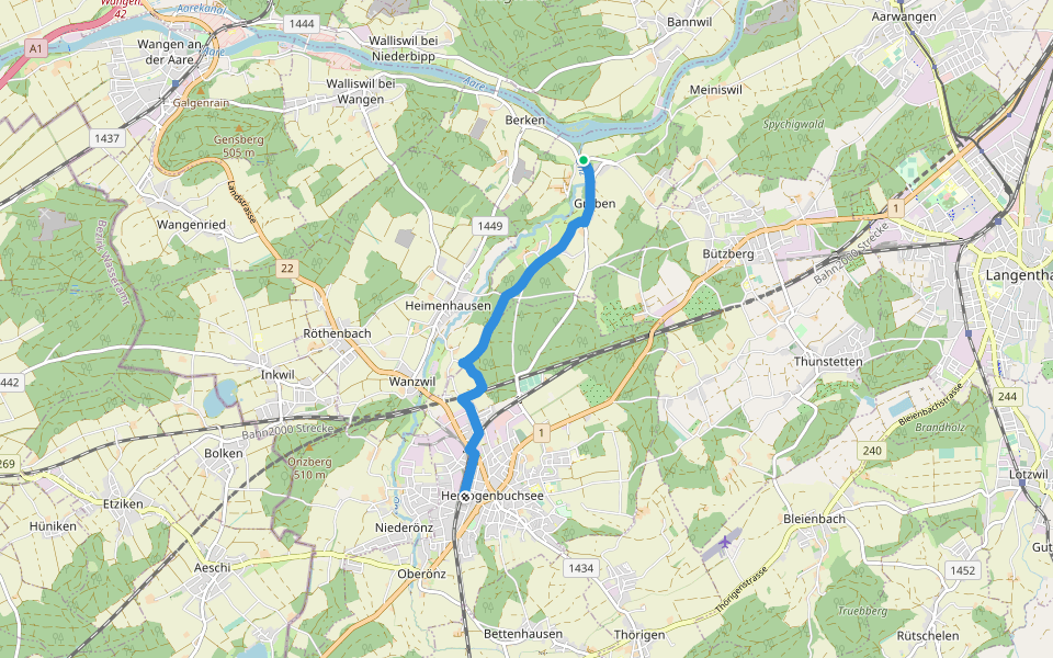 Stadönz - Herzogenbuchsee walking route map in Graben
