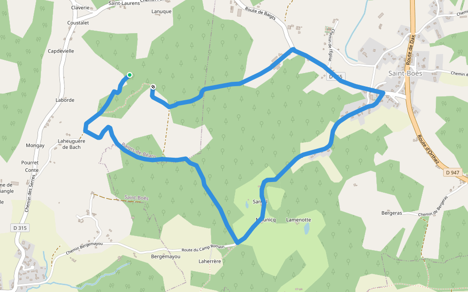 Boucle du Camp Romain de St-Boès walking route map in Saint-Boès