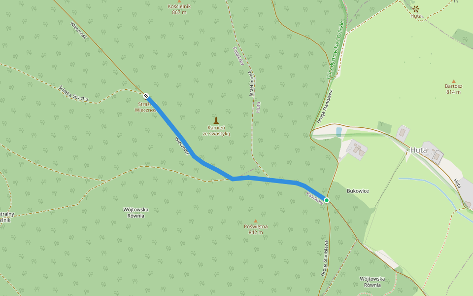 Zielony szlak dojściowy do Strażnika Wieczności walking route map in Huta