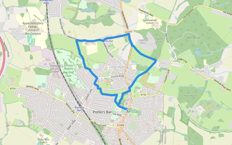 Parkfield, Oakmere & Beyond 4 mile walk walking route map in Potters Bar