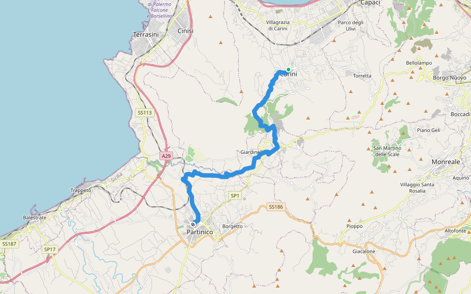 Carini - Montelepre - Partinico walking route map in Carini