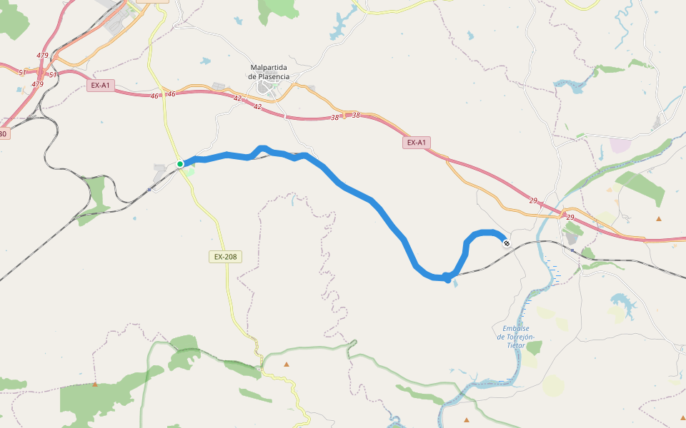 Camino Natural Via Verde de Monfragüe walking route map in Malpartida de Plasencia