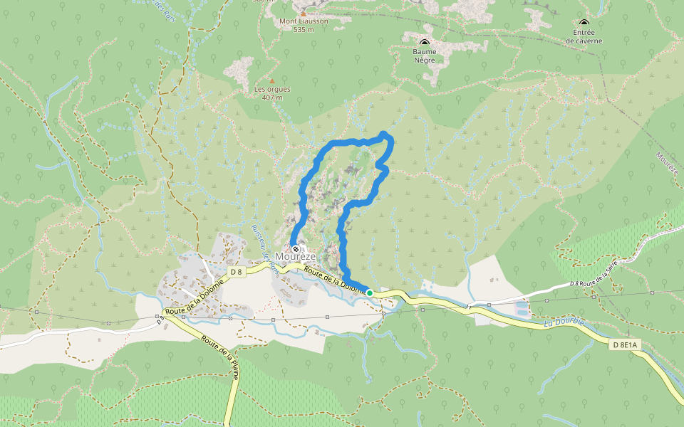 Sentier des Courtinals walking route map in Mourèze