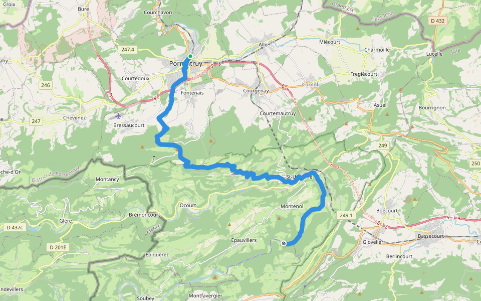 Chemin du Jura walking route map in Porrentruy