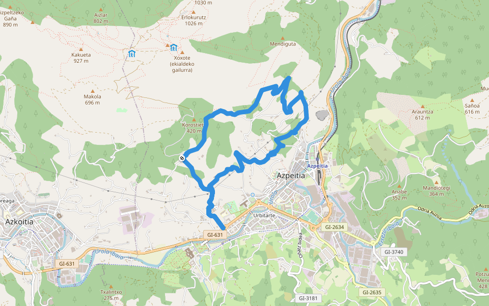 PR-GI 147 Izarraitz magaleko baserriak walking route map in Azpeitia