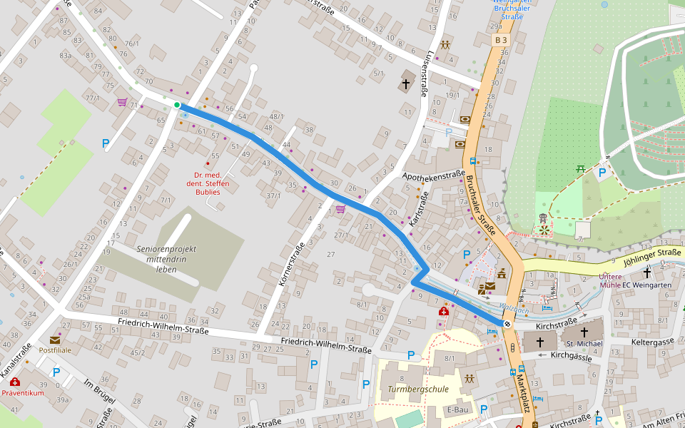 Weingarten Bahnhofstraße - Weingarten Marktplatz walking route map in Weingarten (Baden)