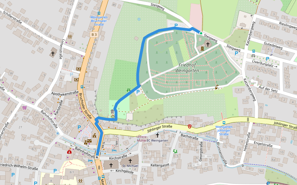 Weingarten Friedhof - Weingarten Marktplatz walking route map in Weingarten (Baden)