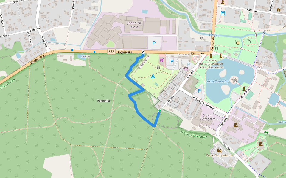 Ścieżka szlakiem Miejsc Pamięci Narodowej walking route map in Zwierzyniec
