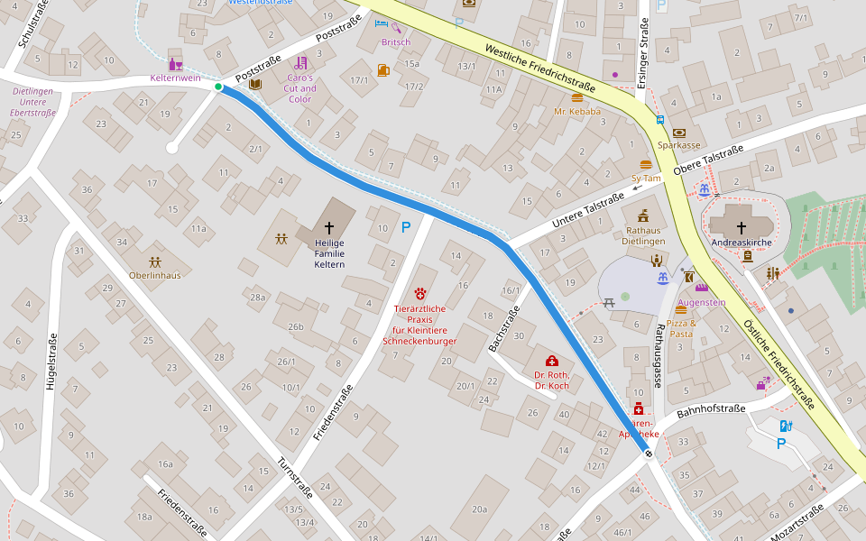 Dietlingen Spitzgarten - Dietlingen Poststraße walking route map in Keltern
