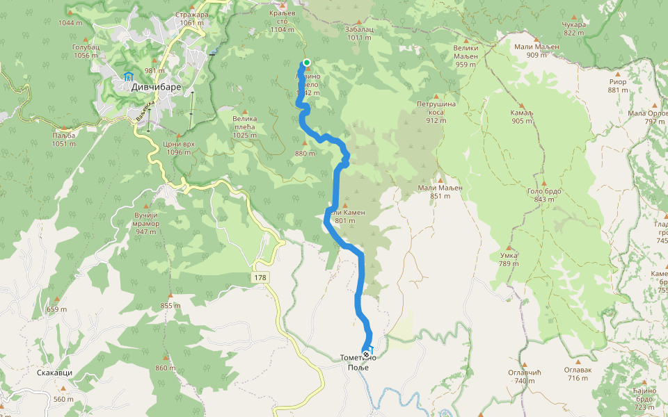 Kraljev Sto - Tometino Polje walking route map in Тометино Поље