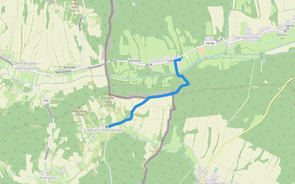 Őrzők öröme út (Sárga kereszt) (Kercaszomor - Szent Vencel-templom helye (Pusztatemető) - Szerdahely / Središče) walking route map in Kercaszomor