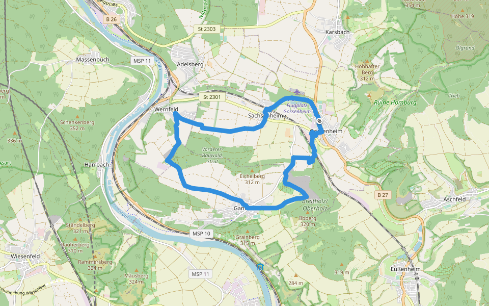 Gössenheim, blaues B auf Gelb walking route map in Gössenheim