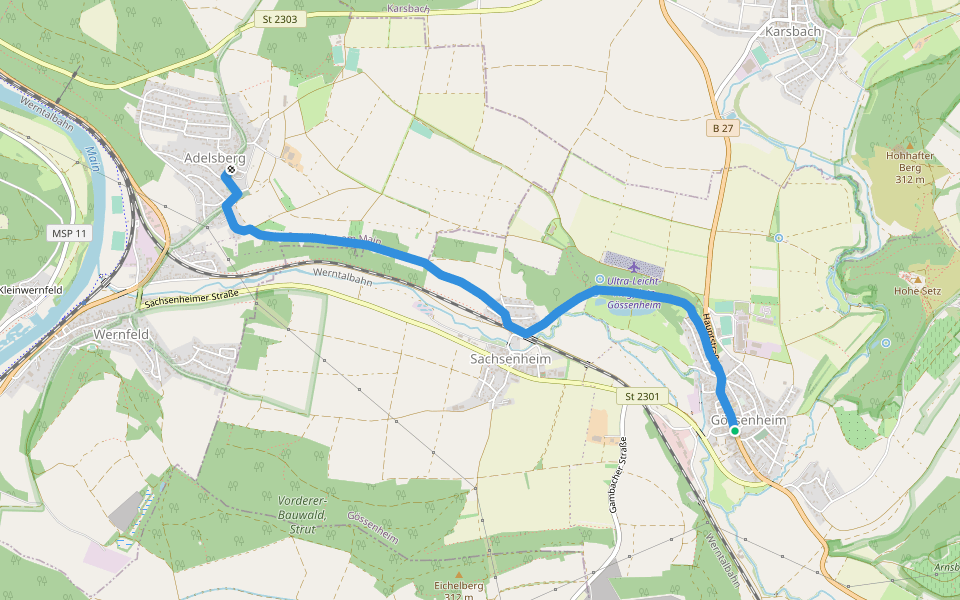 Gössenheim, blaues Ab auf Gelb walking route map in Gössenheim