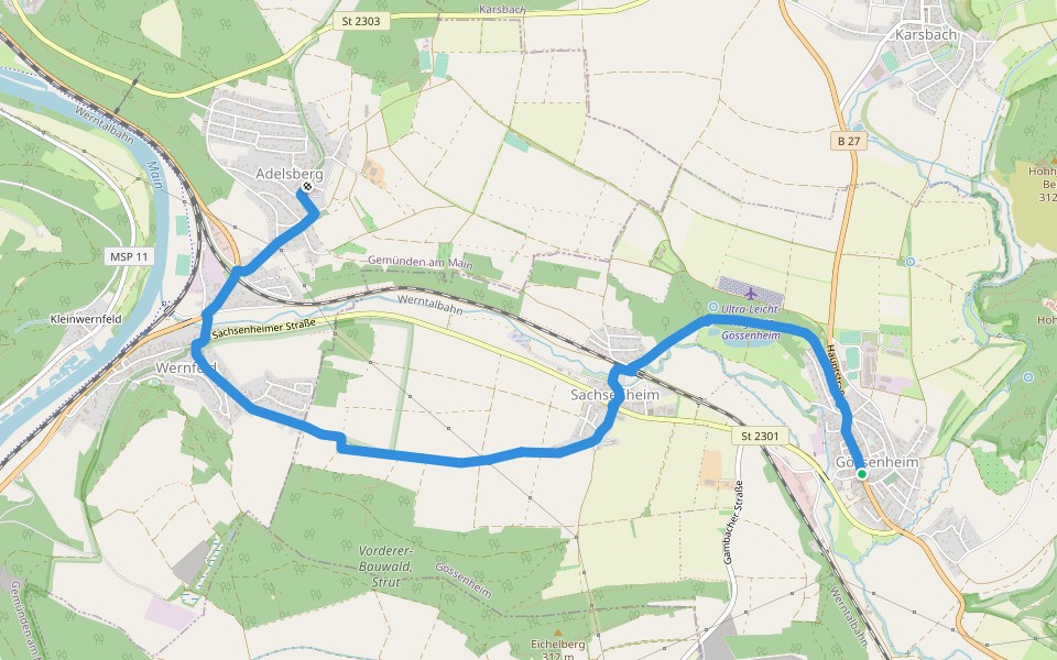 Gössenheim, blaues Ad auf Gelb walking route map in Gössenheim