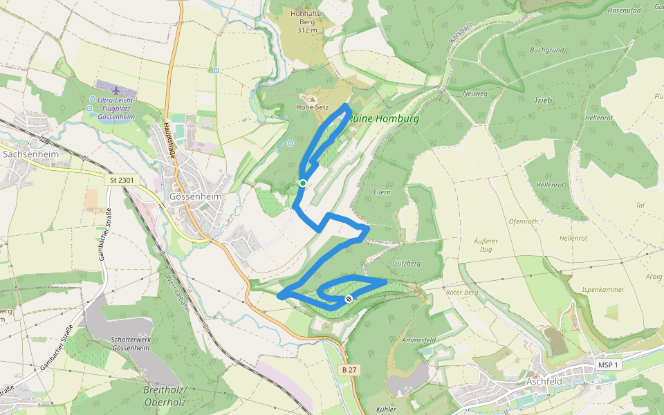 Gössenheim, blaues F auf Gelb walking route map in Gössenheim