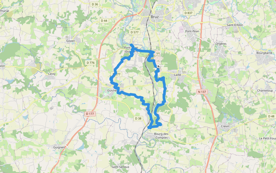Les trois ponts walking route map in Bruz