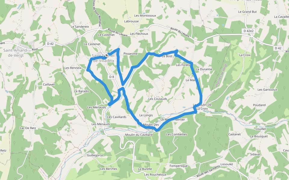 Boucle du Caudeau walking route map in Saint-Michel-de-Villadeix