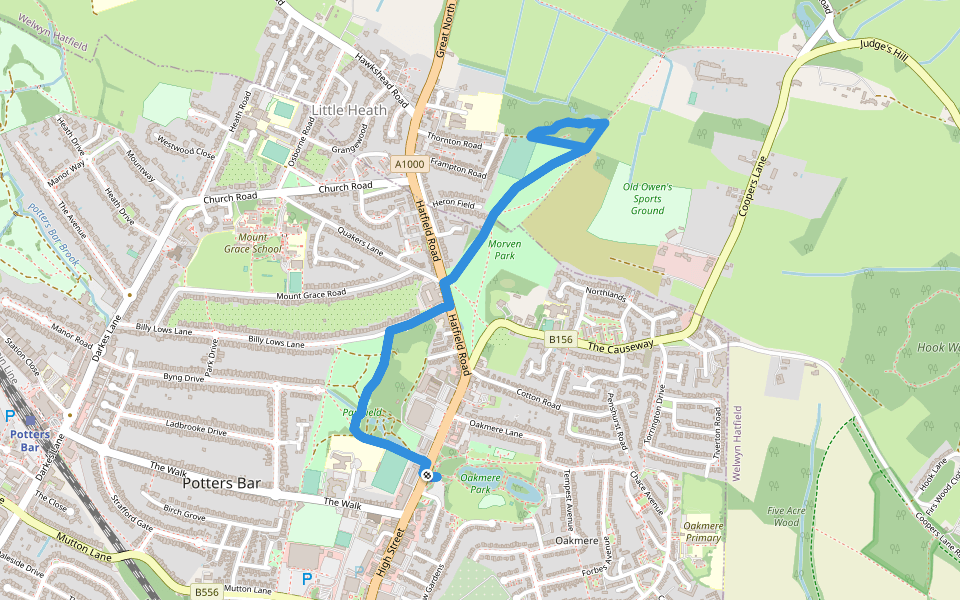 Parkfield, Oakmere & Beyond 2 mile walk walking route map in Potters Bar