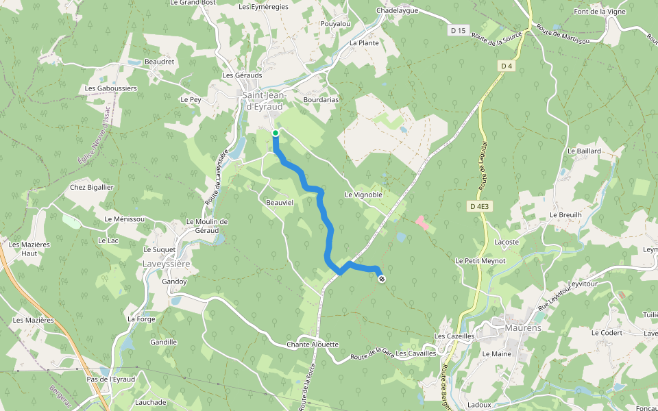 Liaison St-Jean-d'Eyraud - Maurens walking route map in Eyraud-Crempse-Maurens