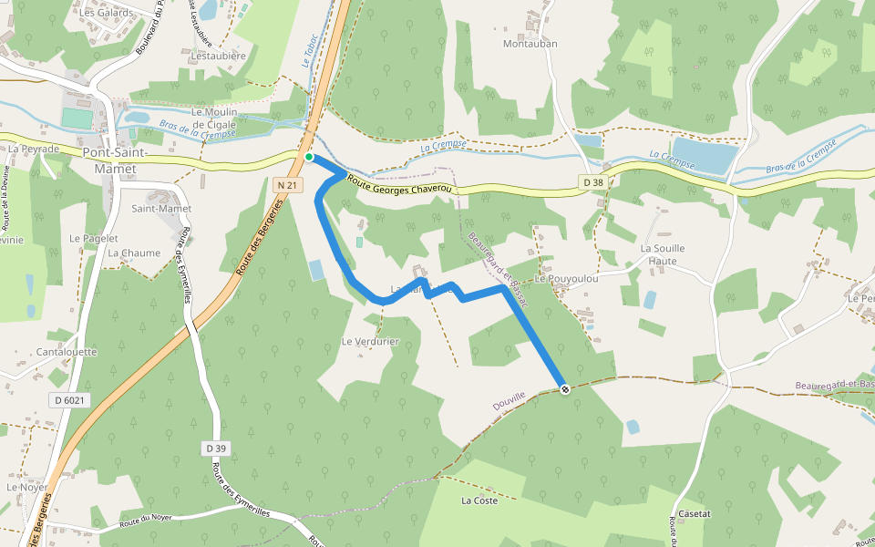 Liaison Pont-St-Mamet - Beauregard-et-Bassac - St-Martin-des-Combres walking route map in Douville