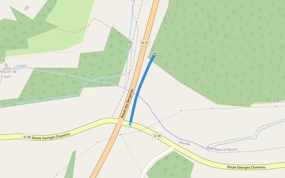 Liaison Pont-St-Mamet - Beauregard-et-Bassac - St-Martin-des-Combres walking route map in Douville