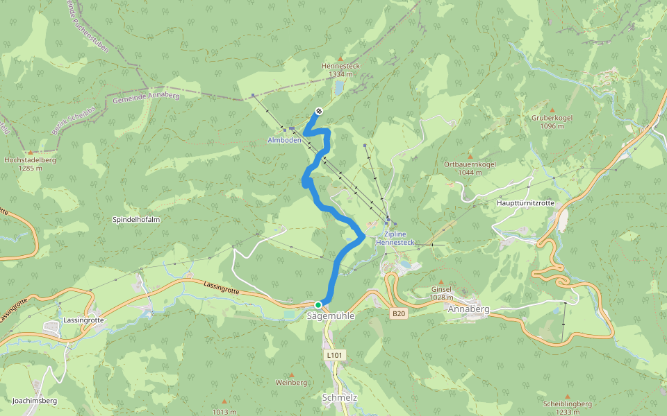 Sägemühle - Hennesteck walking route map in Lassingrotte