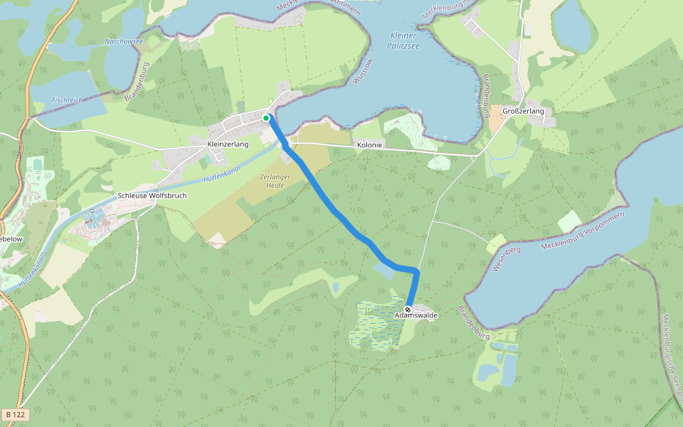 Kleinzerlang-Adamsmühle walking route map in Rheinsberg