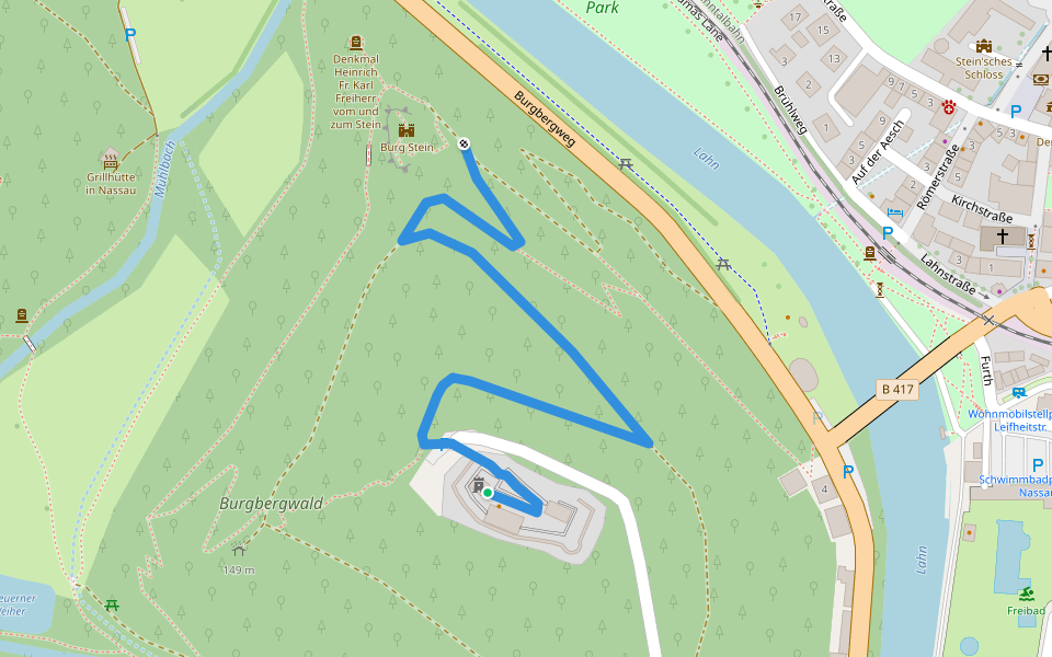 Abzweig vom Lahnwanderweges zur Burg Nassau walking route map in Nassau
