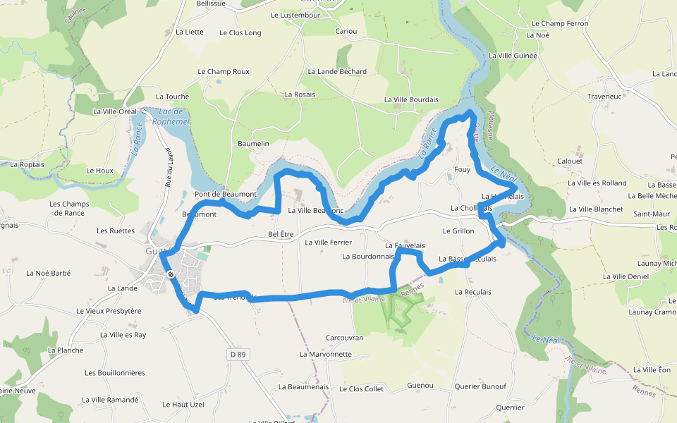 La Retenue de Rophémel walking route map in Guitté