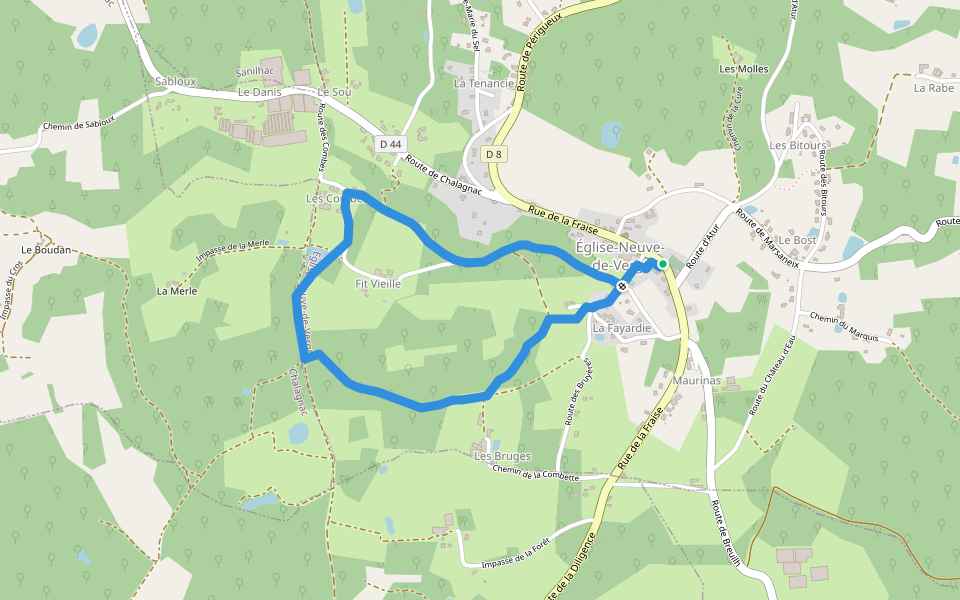 Boucle de la Pichardie (variante) walking route map in Église-Neuve-de-Vergt