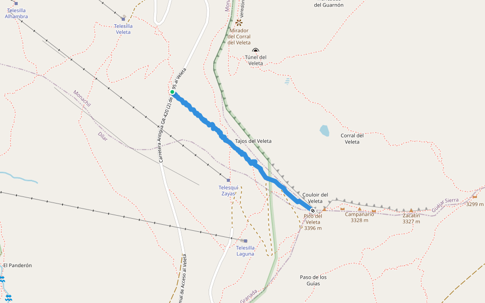 Subida al Pico del Veleta walking route map in Capileira