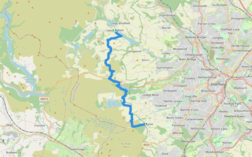 Peak District Boundary Walk Stage 9 walking route map in Low Bradfield